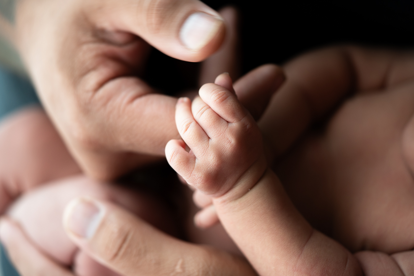 Close-up image of a baby's hand wrapped around her father's finger. The baby's hand is small and delicate, and the father's finger is large and strong. The image conveys a sense of love, protection, and bonding.